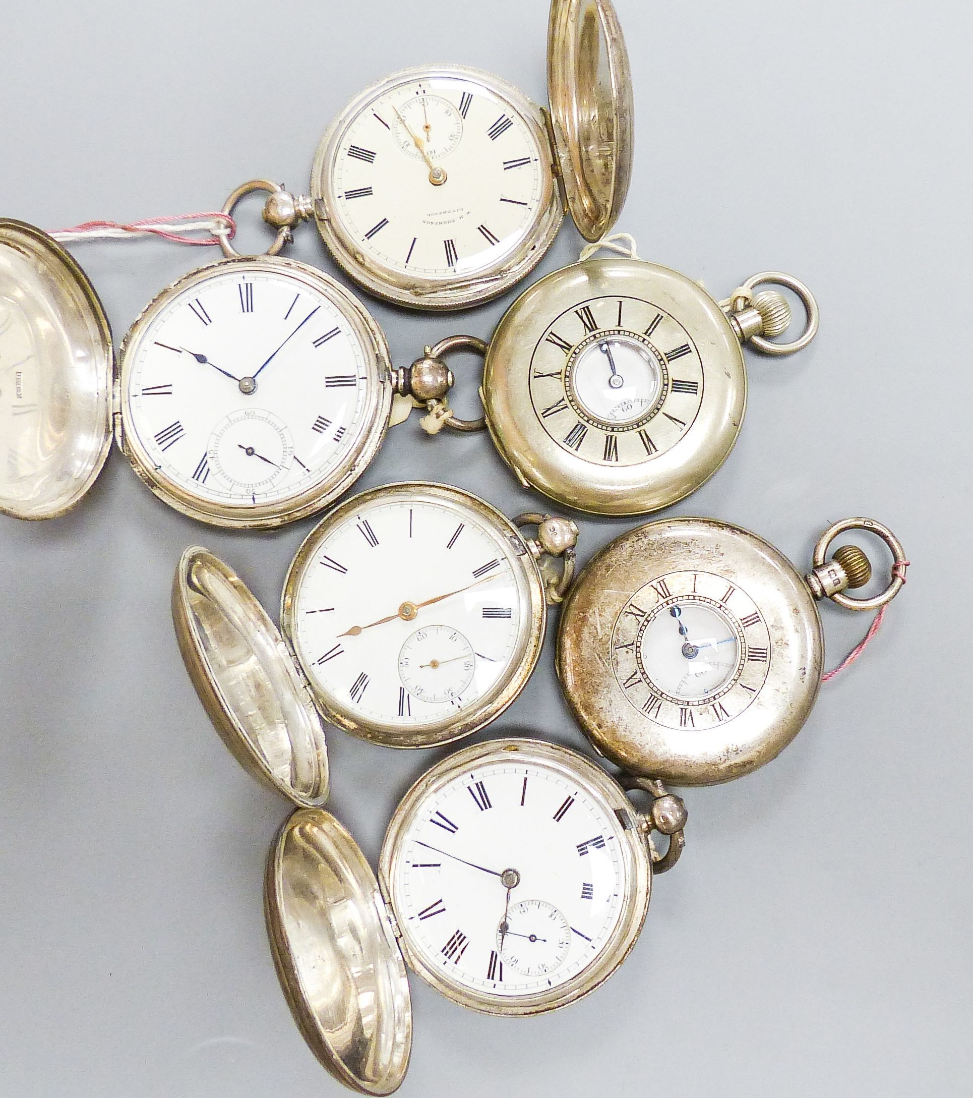 Four Victorian silver keywind full hunter pocket watches and two silver keyless half hunter pocket watches.